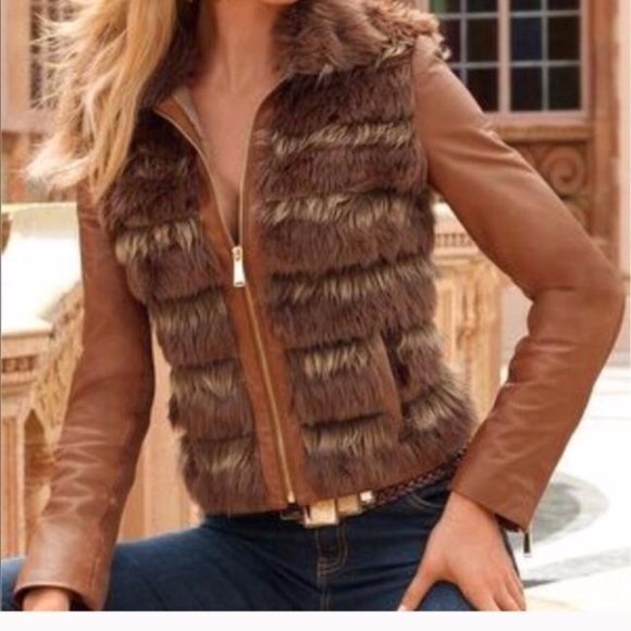 Boston Proper Cognac Real Leather Faux Fur Jacket